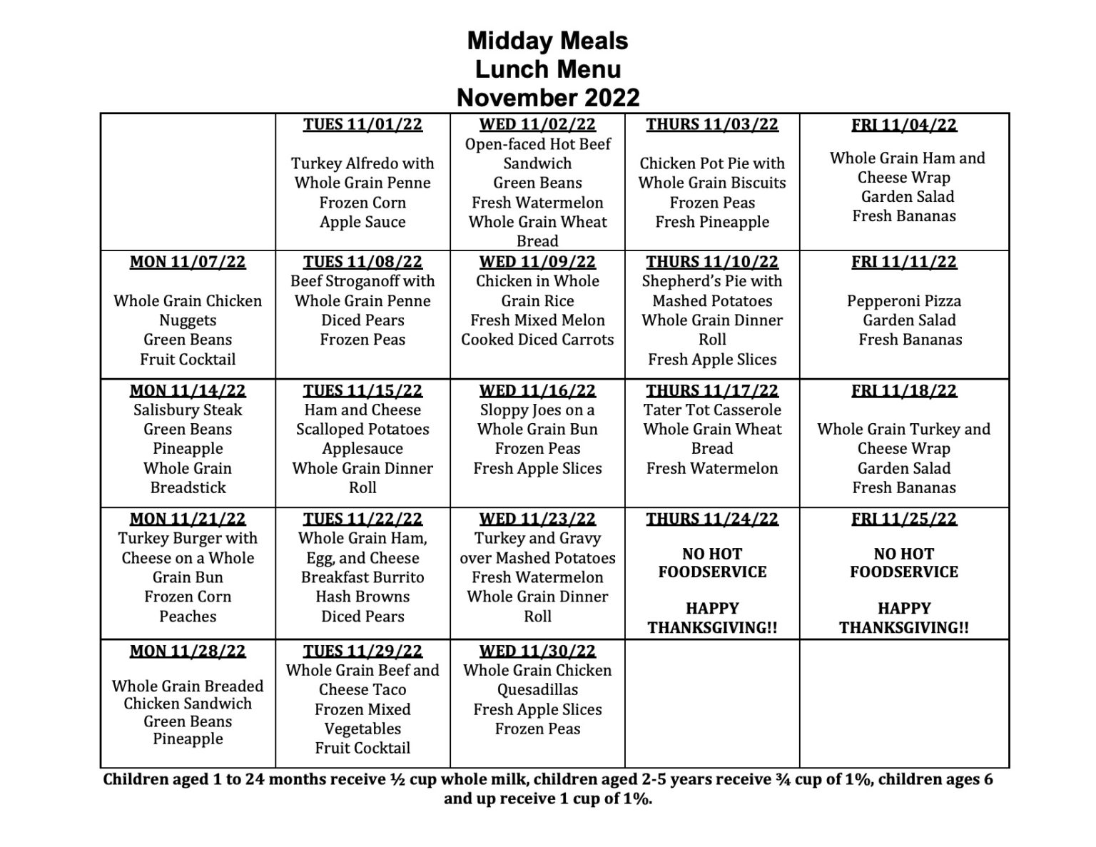 Menu – Midday Meals